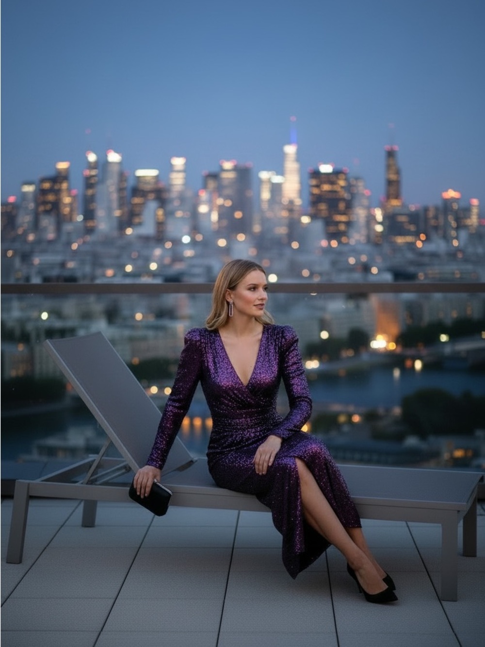 DKNYC Purple Sequin Long Sleeve Wrap Maxi Gown